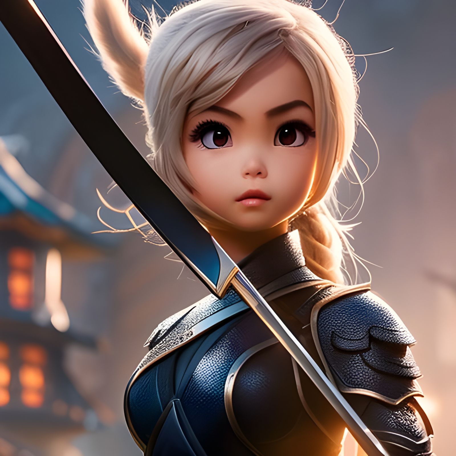Adorable Ninja Chick with Sword, Digital Art