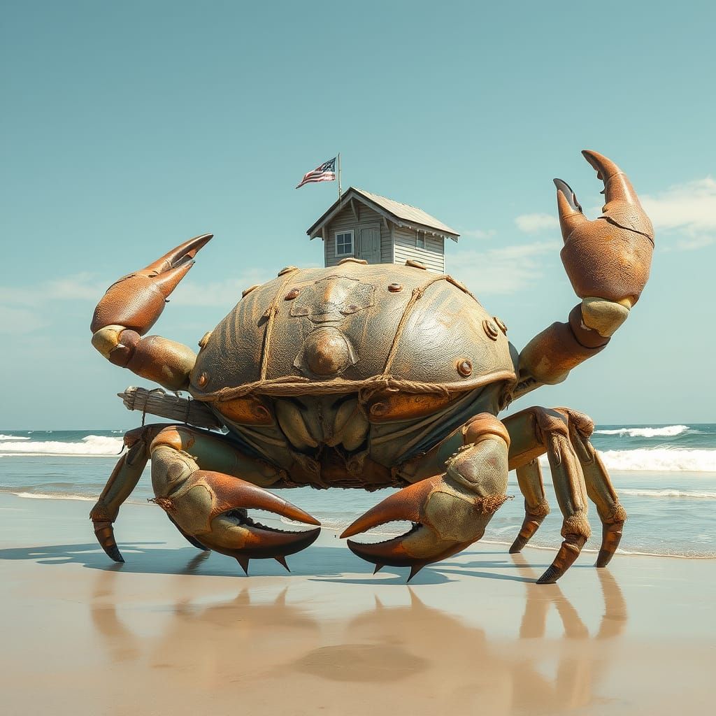 Giant Organic Crab on Sun-Kissed Shoreline
