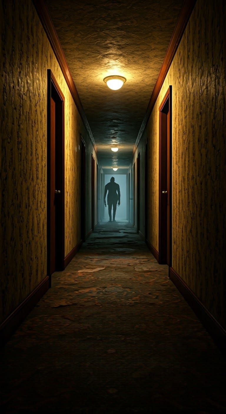 Uncanny Figure Approaches in Dimly Lit Corridor