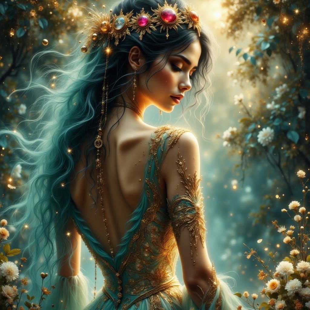 Ethereal Woman in Golden Celestial Costume