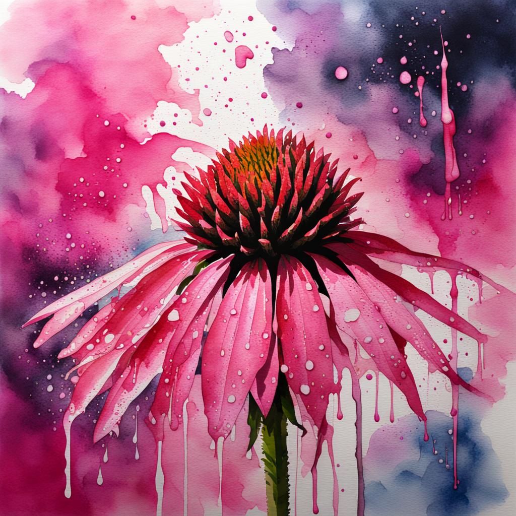 Pink Coneflower with Watercolor and Ink Splatter Art