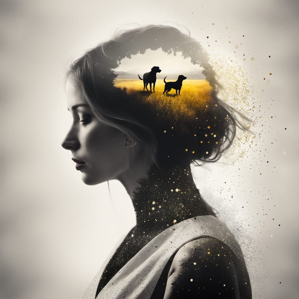 Dreamlike Double Exposure of a Girl in a Dog Silhouette