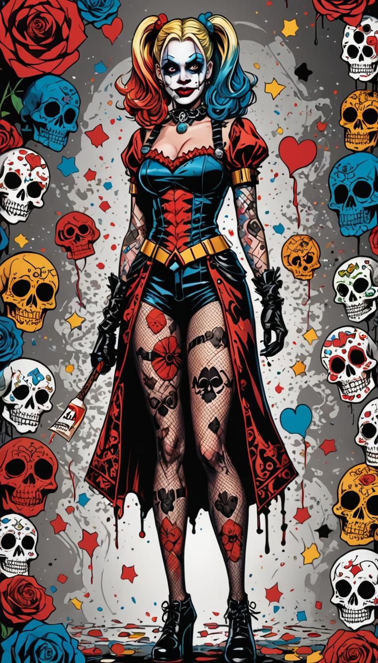 Harley Quinn in her traditional costume with Day of the Dead...