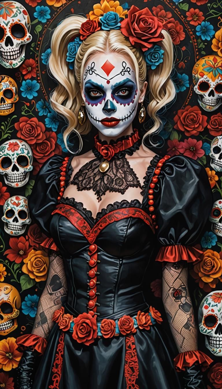 Harley Quinn in her traditional costume with Day of the Dead...