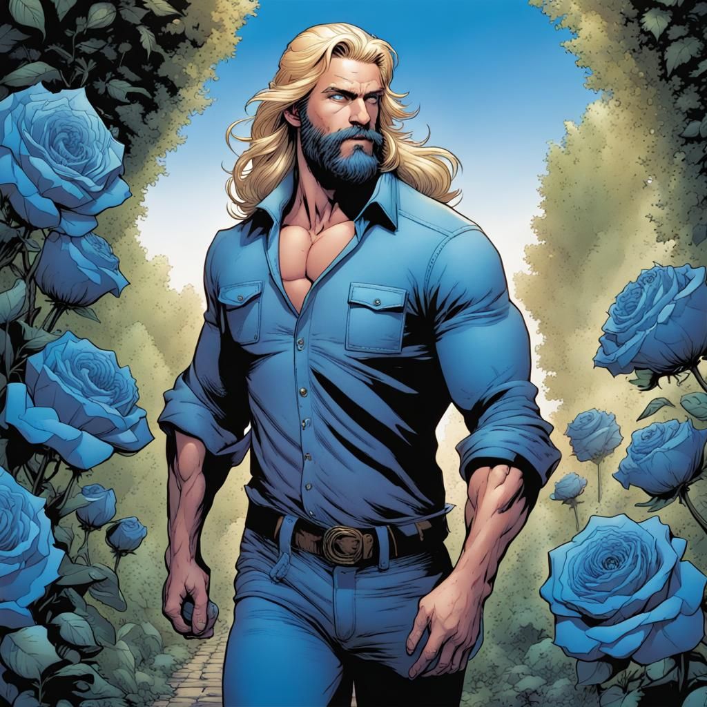 Man Walks Through Blue Rose Garden in Comic Book Style