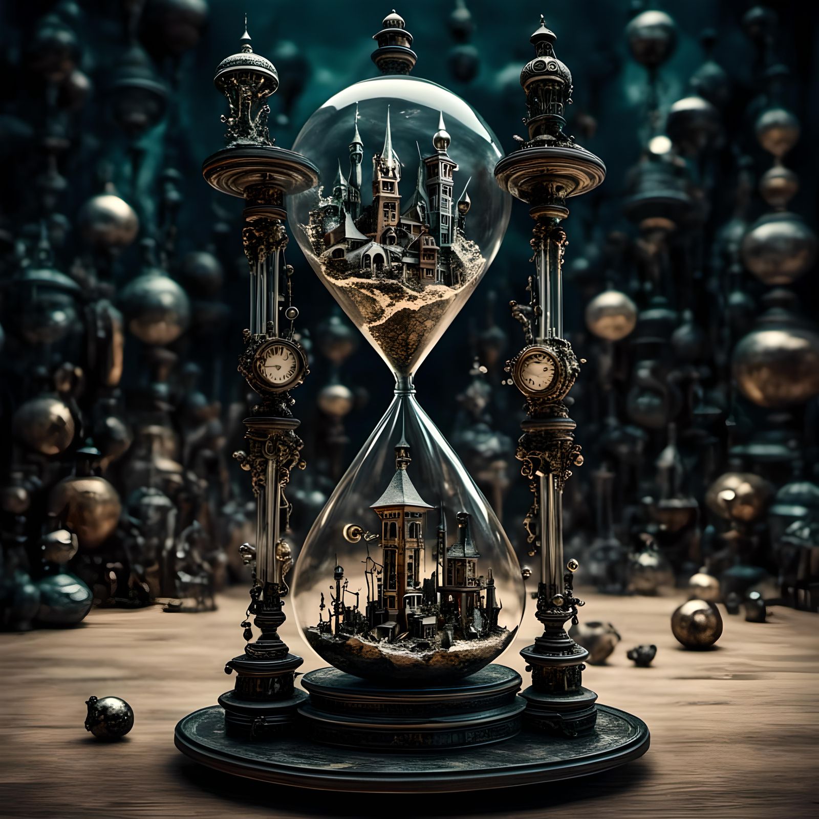 Ornate futuristic science fiction hourglass, very beautiful intricate, transparent, glass, art deco, 8k resolution, deat...