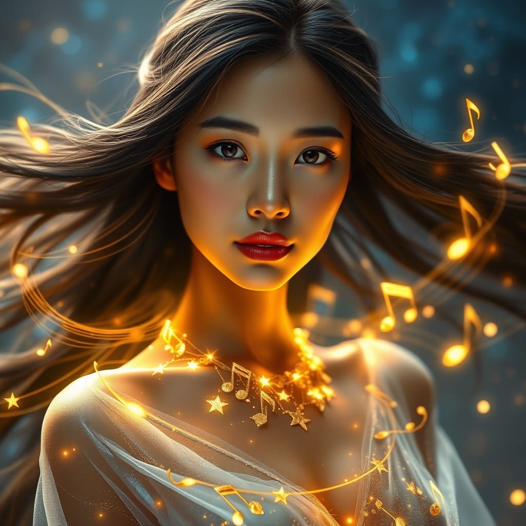 Ethereal Thai Woman Portrait with Flowing Music Notes
