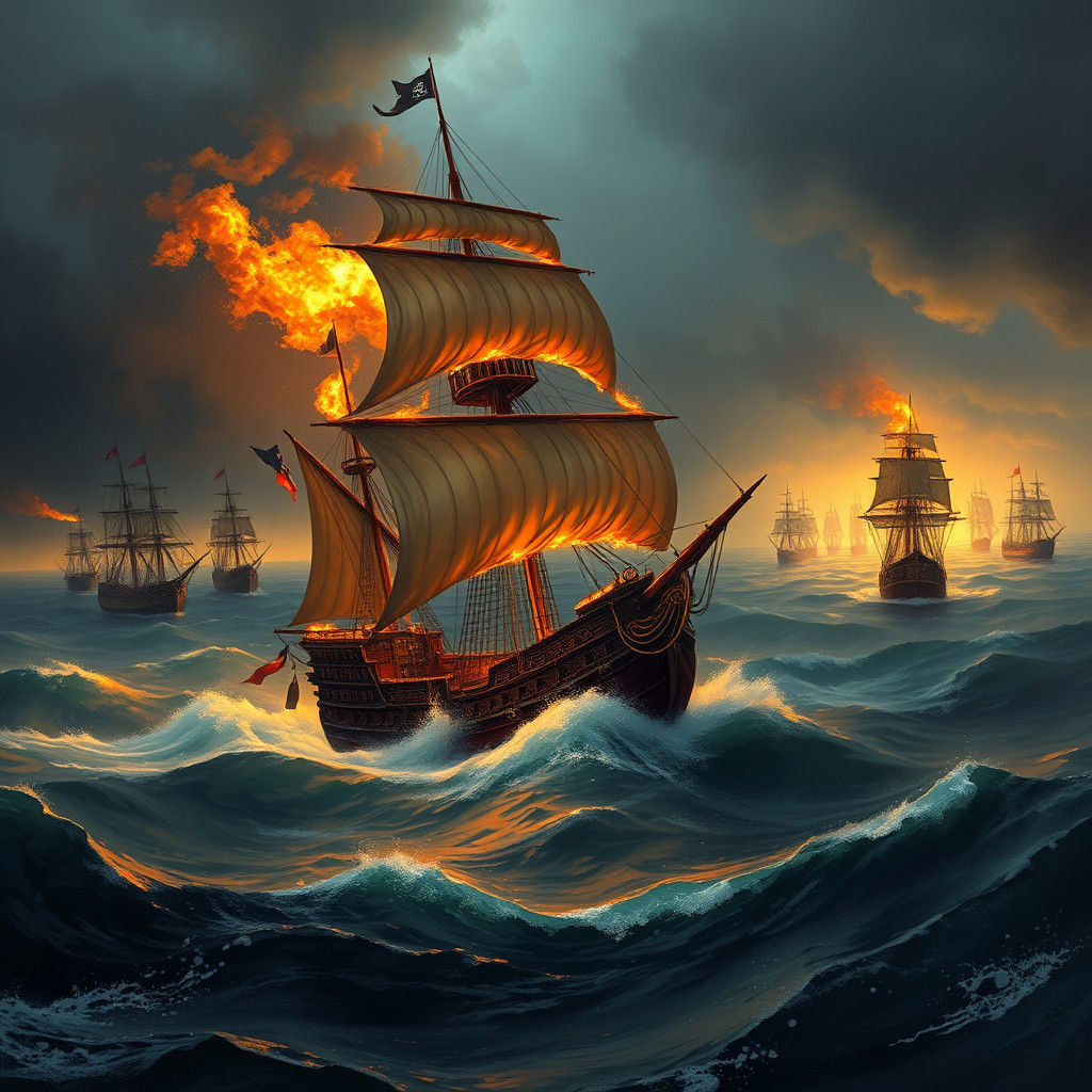 Pirate Ship on Fire Chased by Armada