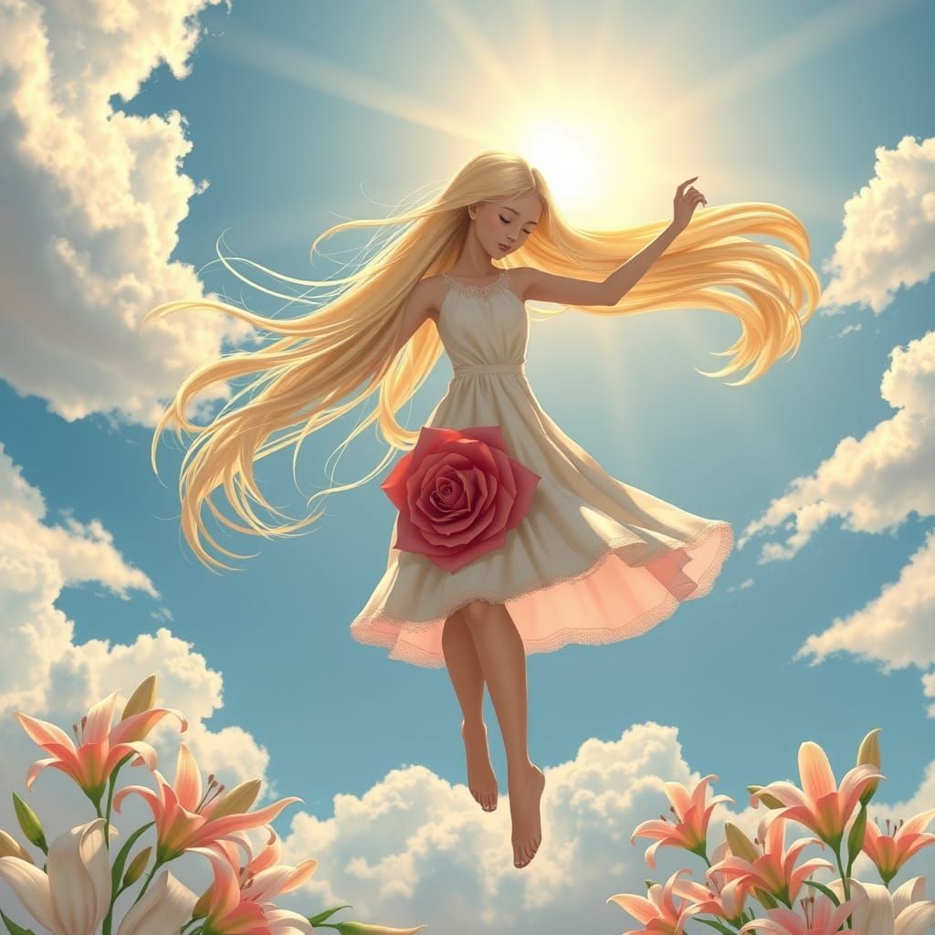 Girl Dancing in Sky with Rose Dress