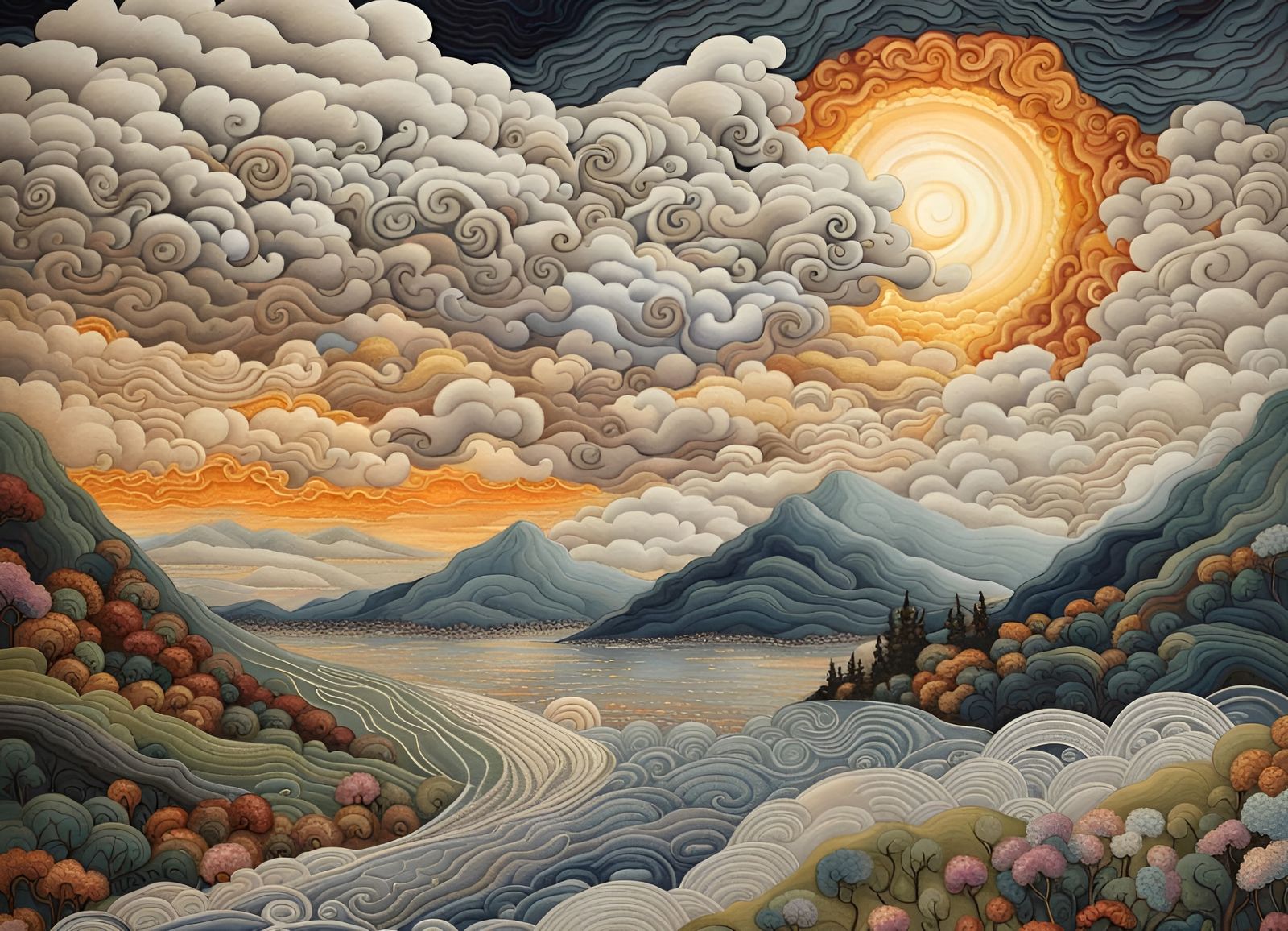 Sunlit Clouds Landscape in Hyperrealistic Textile Art