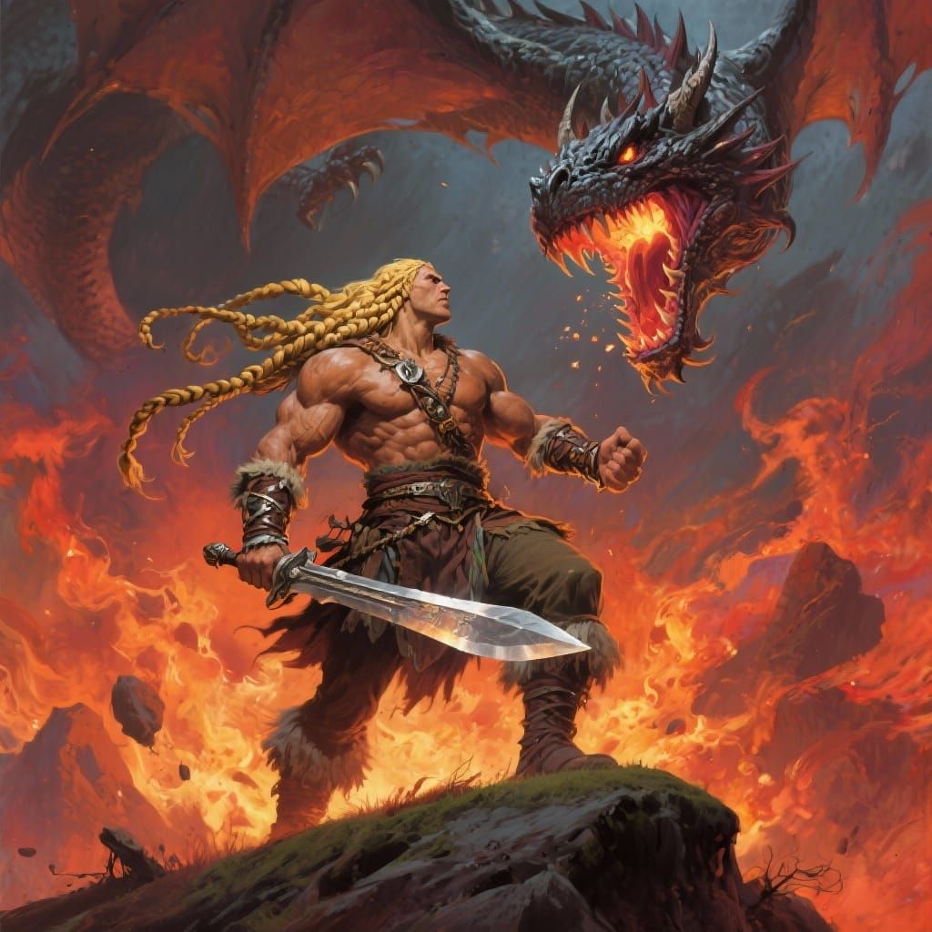 Barbarian Warrior Battles Swooping Dragon in Fantasy Art Sty...