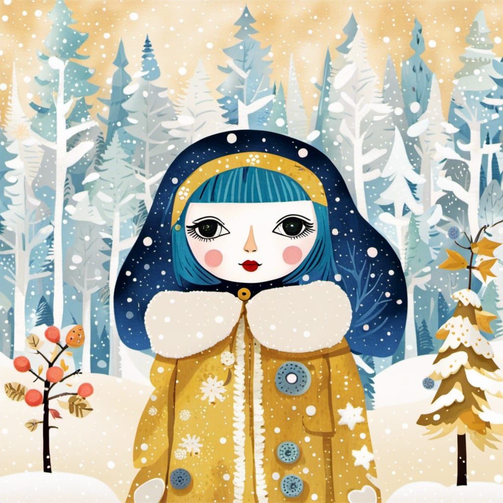 Cute Doll in Snowy Forest, Art Brut Style