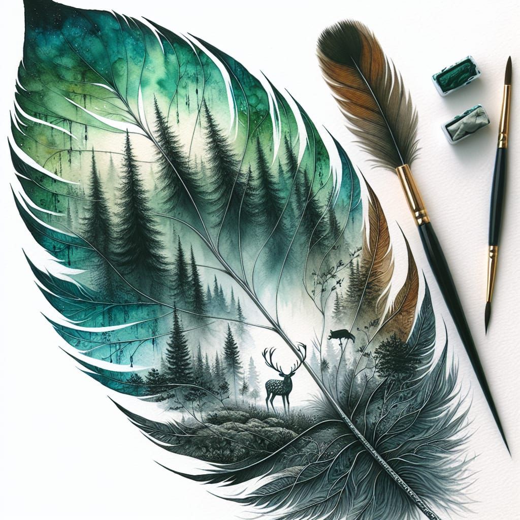 Watercolor Landscape Feather: Naturalist Artwork