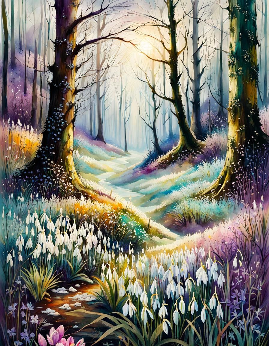 Spring Forest Watercolor Painting with Snowdrops