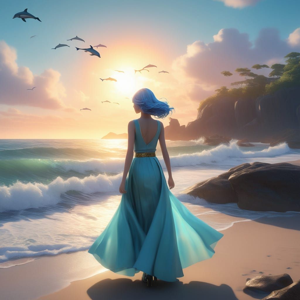 Serenely Confident Woman by Ocean in Vibrant, Hyper-Realisti...