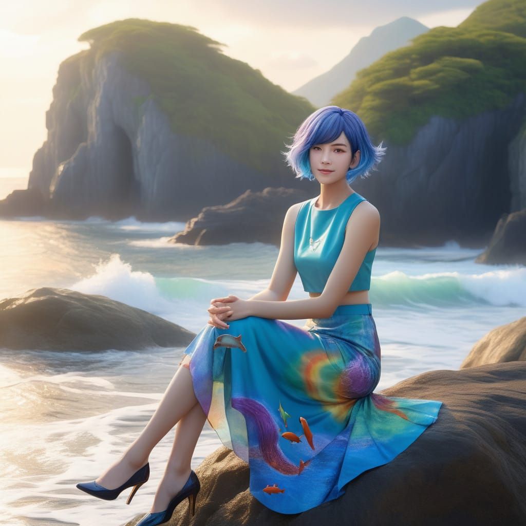 Woman in Whimsical Morning Sunrise Coastal Scene