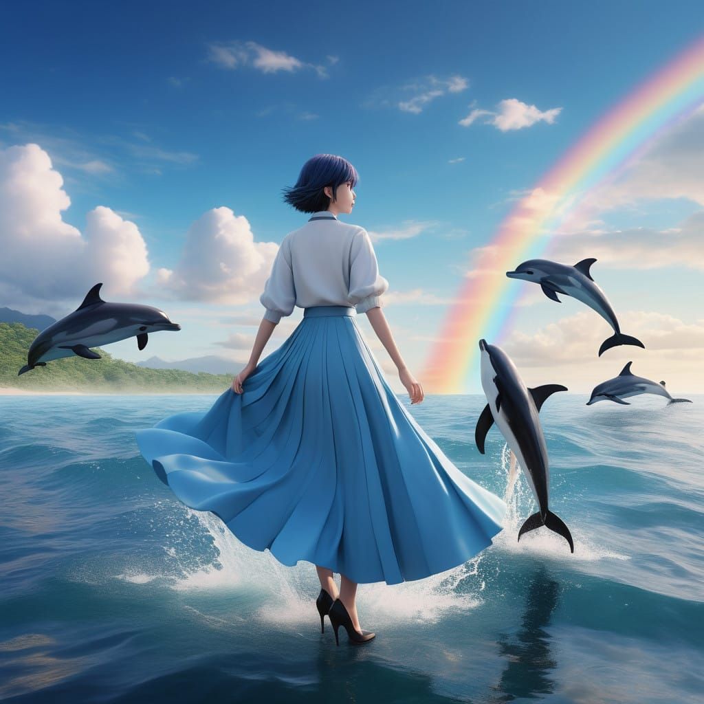 Confident Woman Interacts with Dolphins in a Hyper-Realistic...