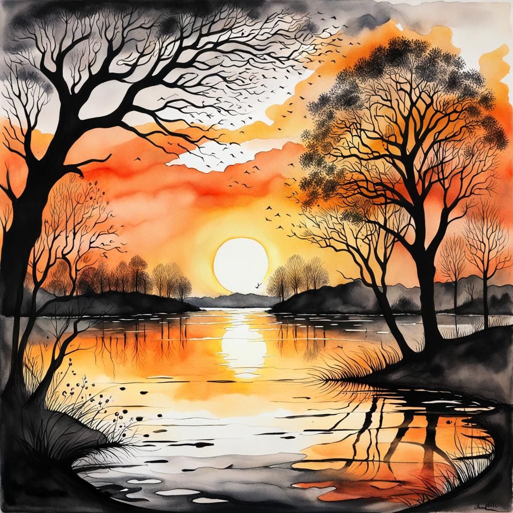 Surreal Sunrise with Swans in Watercolor Style