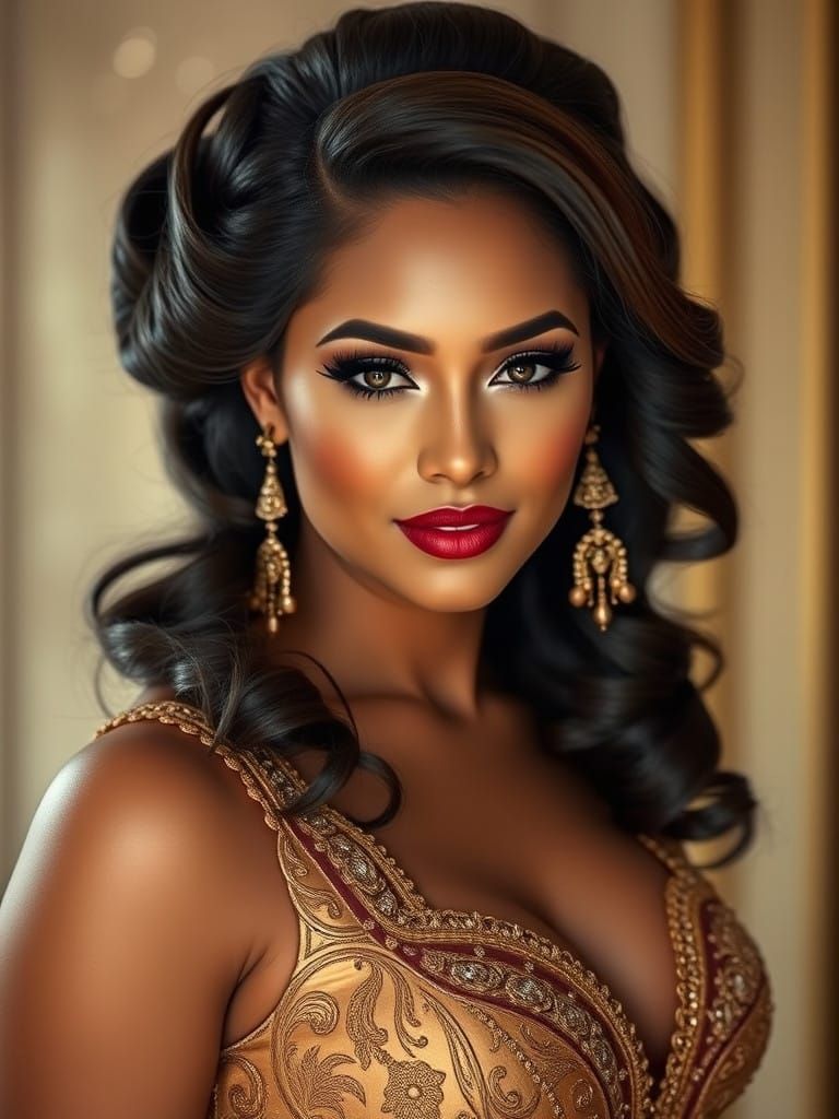 Glamorous Woman Shines in Elegant Gold Gown