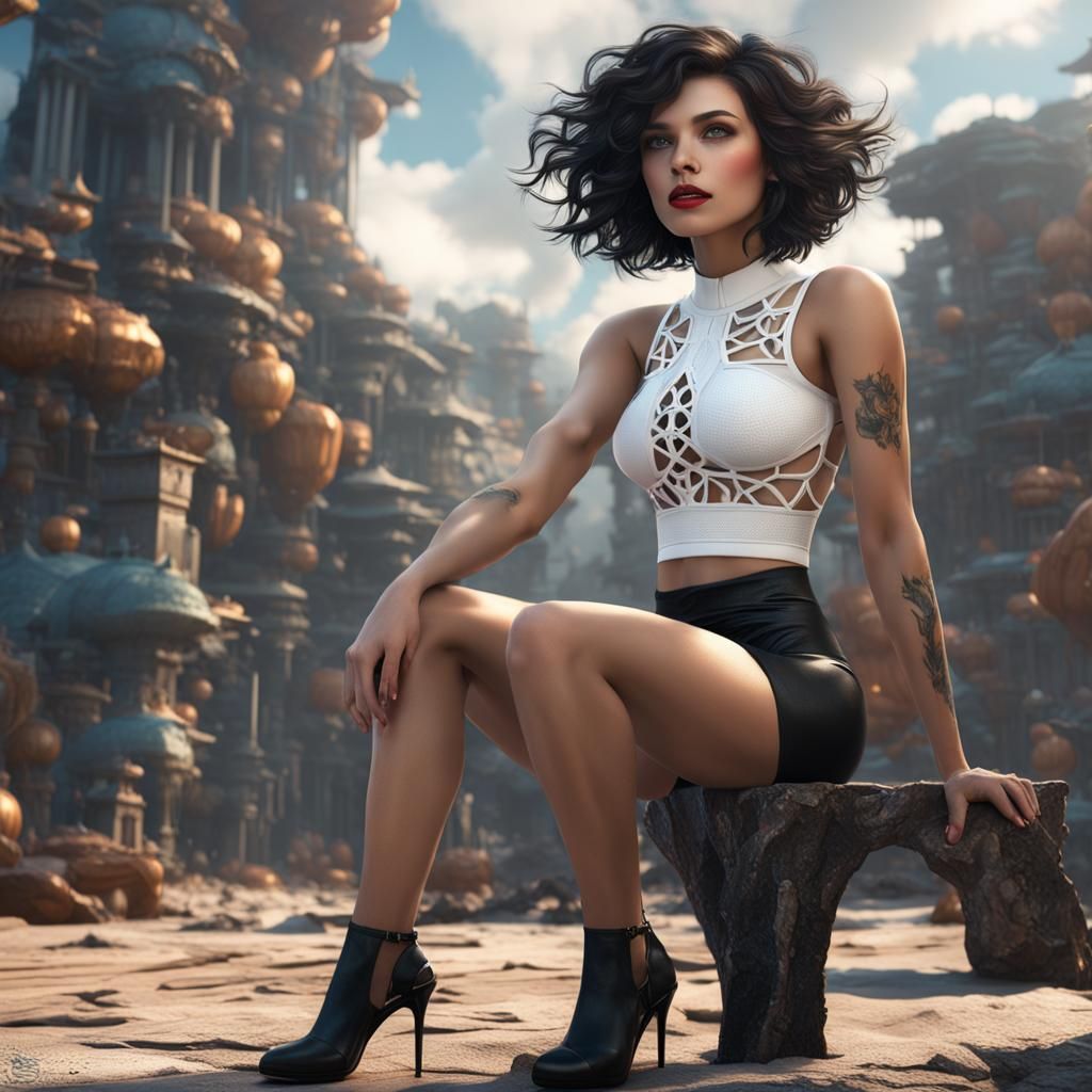 Curvy Brunette in White Top and Black Bikini