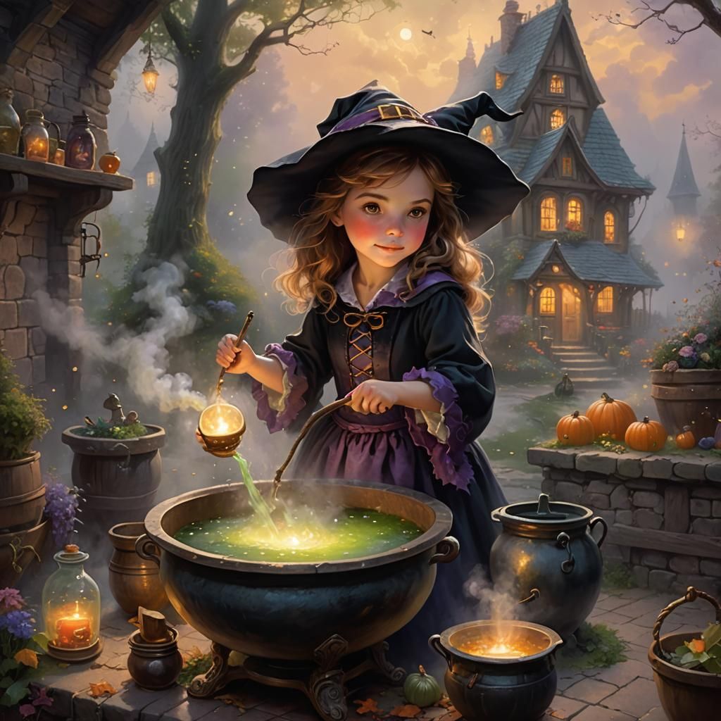 Cute Little Girl Witch Mixing Potion