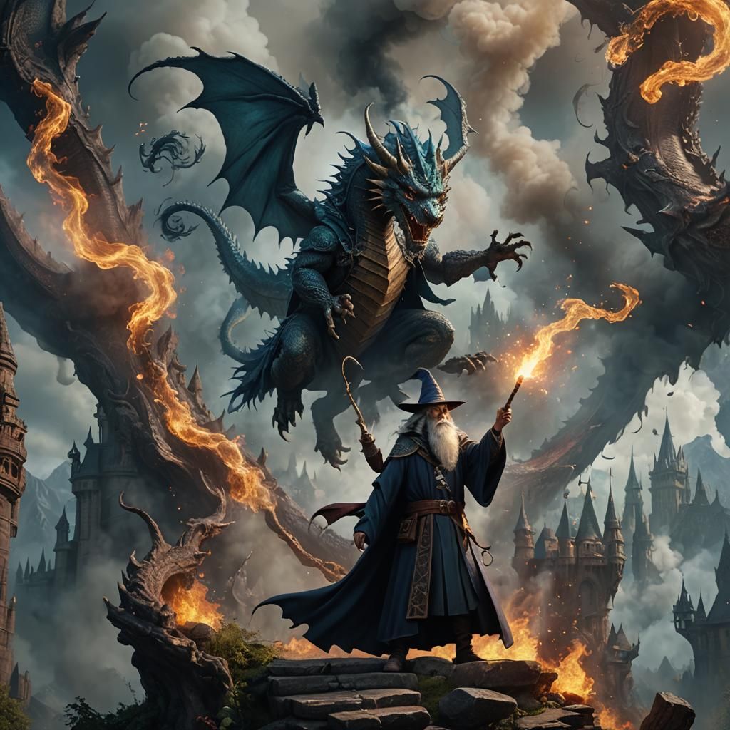 Wizard Conjures Dragon: Fantasy Concept Art