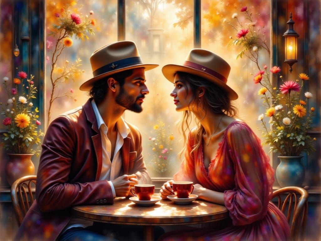 Couple's Intimate Moment in Cozy Cafe