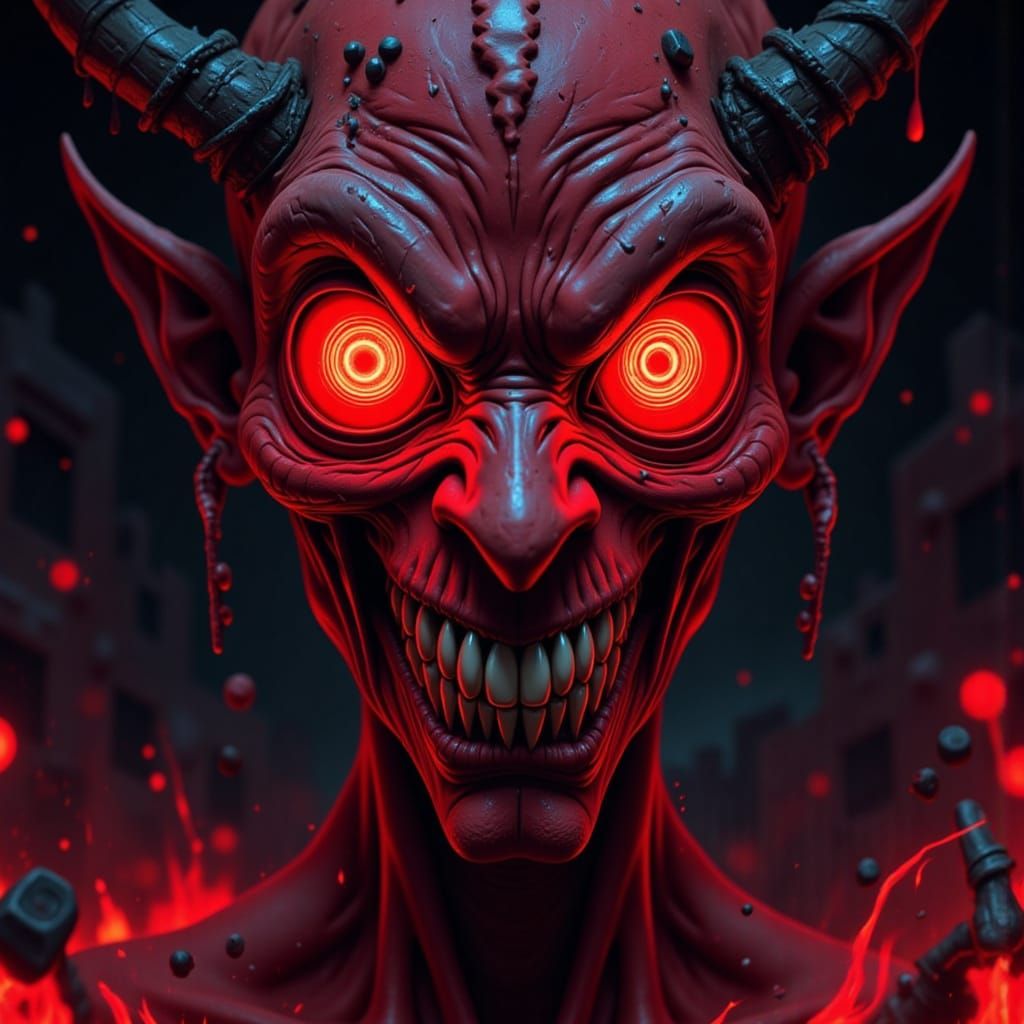 Animated Demon with Red Eyes and Fractal Vortex