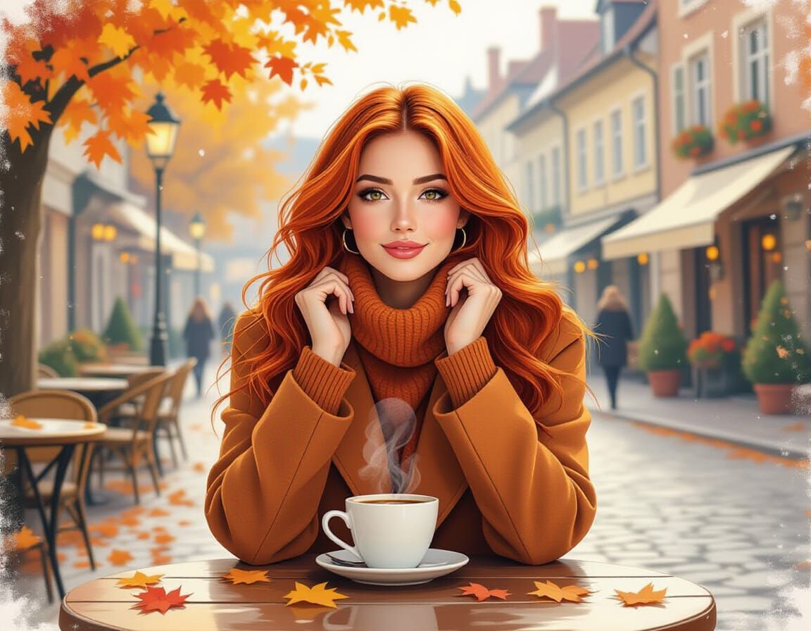 Cafe Scene: Red Hair in Autumn, Whimsical Style