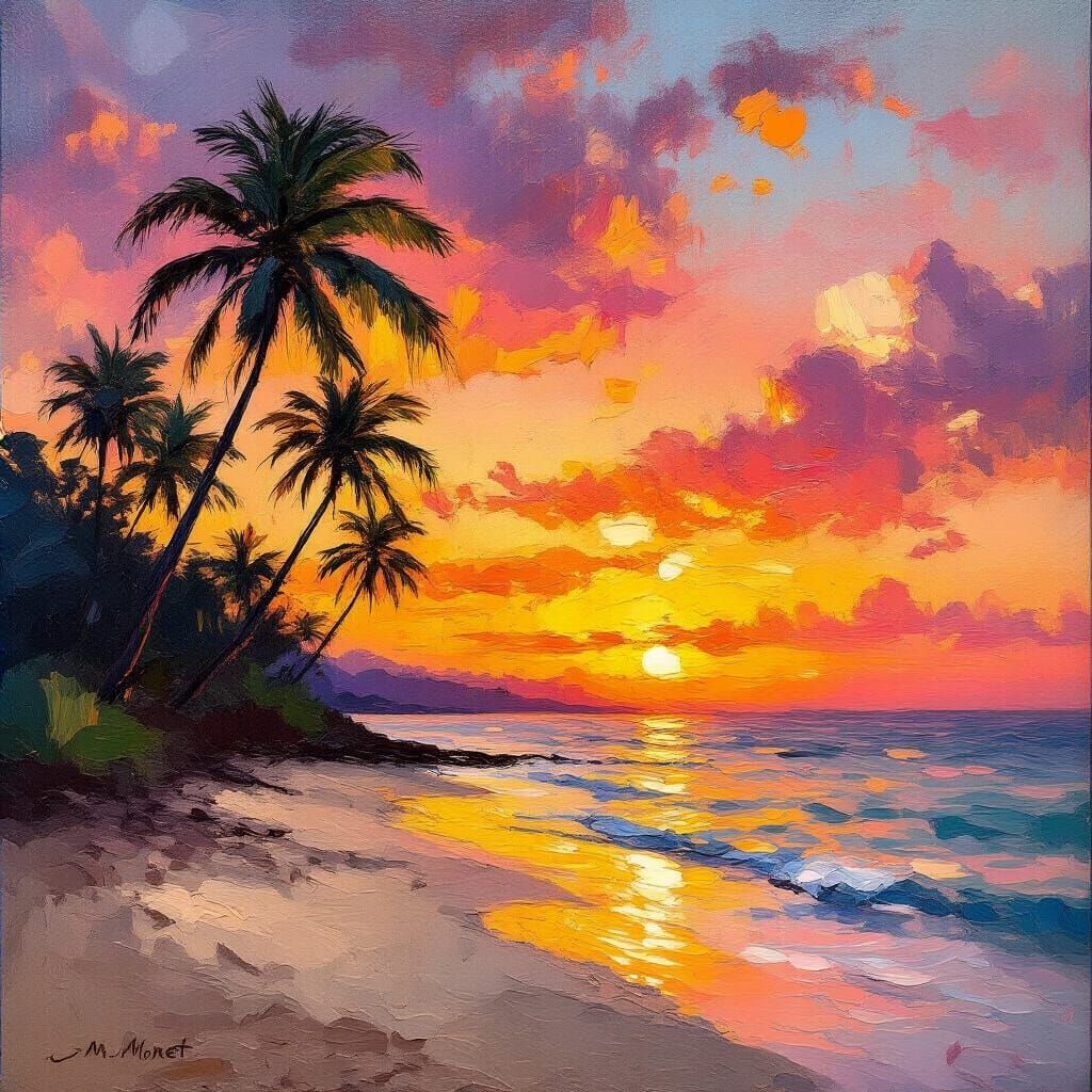 Vibrant Tropical Sunset Oil Painting with Palm Trees