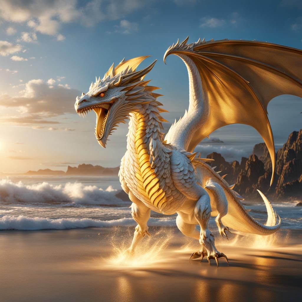 Golden Wyvern Roaring at Sunrise: Fantasy Concept Art