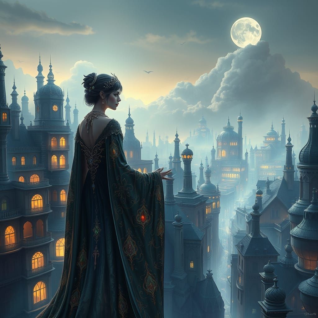 Surreal Enchantress in Bioluminescent Cityscape, in Digital ...