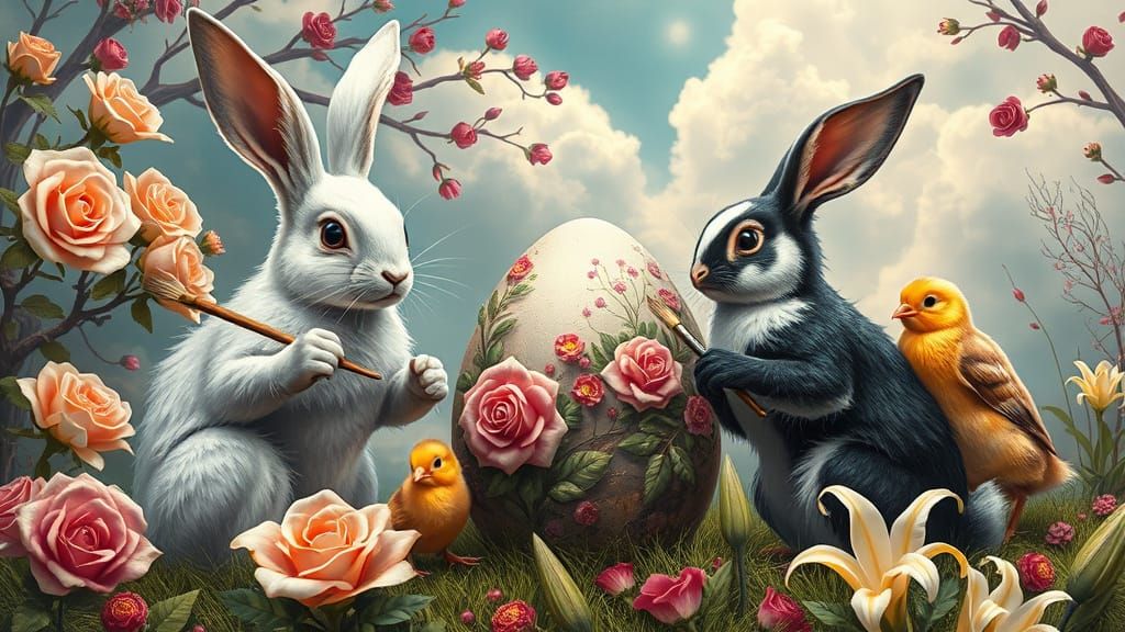 Rabbits and Chicks Painting Easter Eggs in Sci-Fi Style
