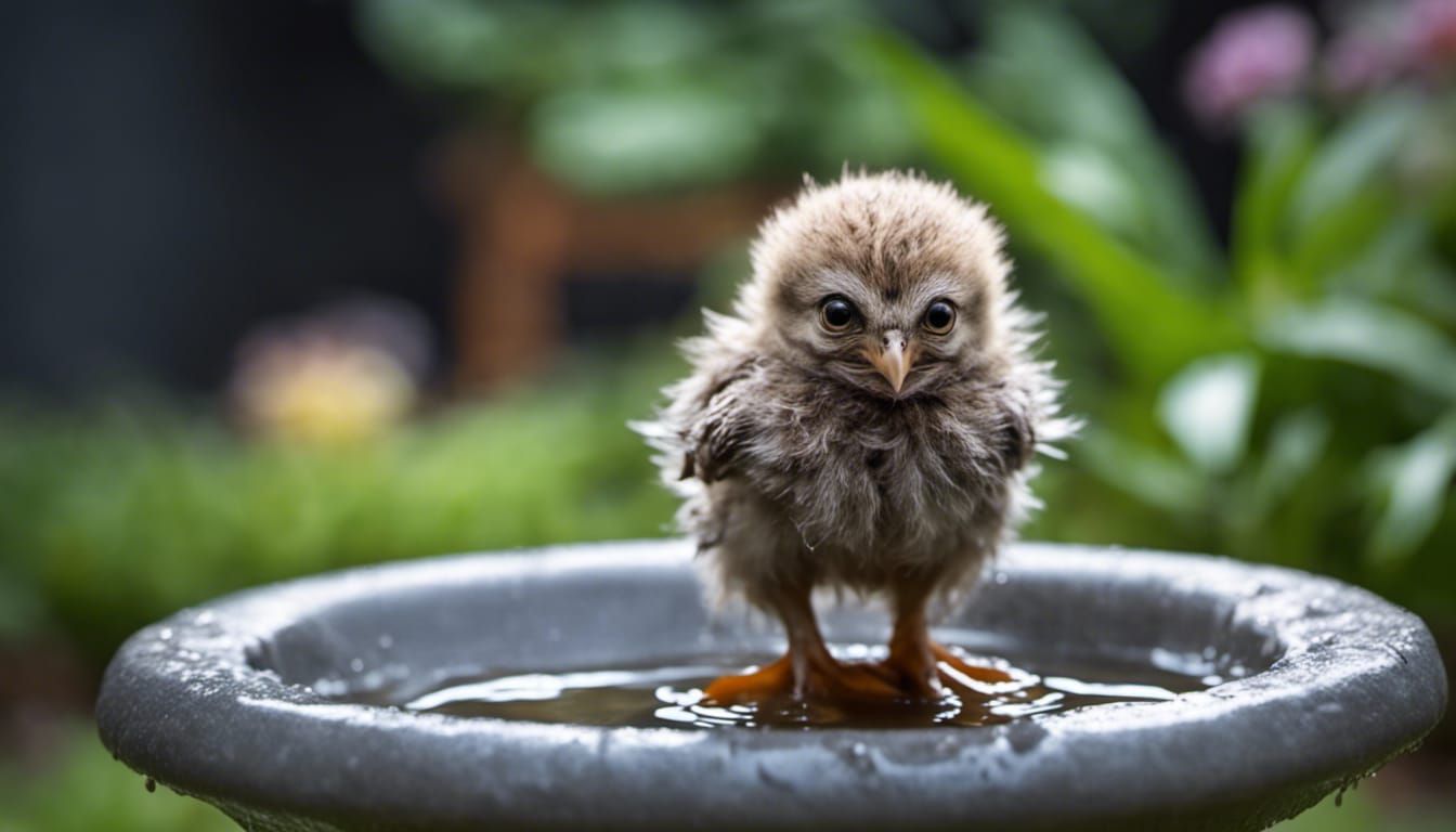 Soaking Wet Owlet in Birdbath: Photorealistic Masterpiece