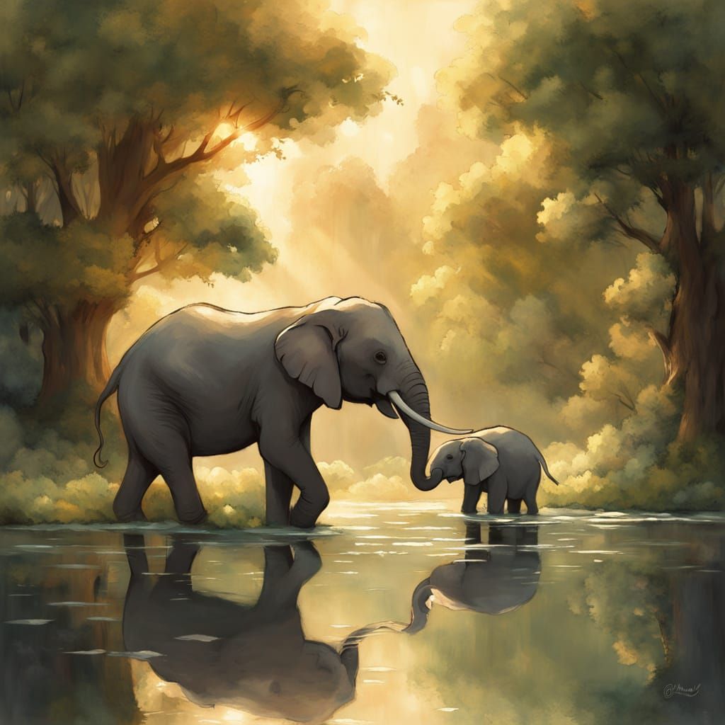 Gentle Elephants in Japanese Manga Style Watercolor