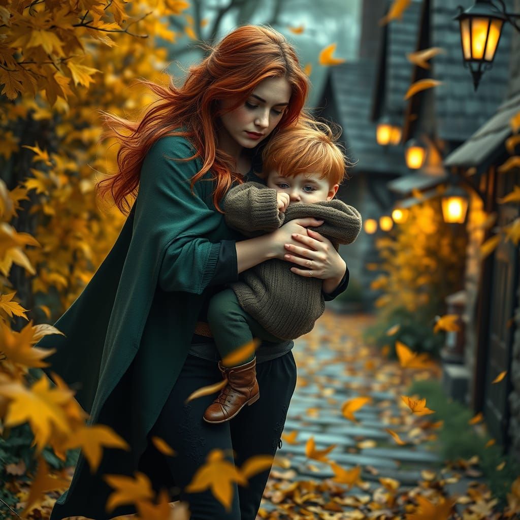 Mother and Child in Magical Autumn Scene