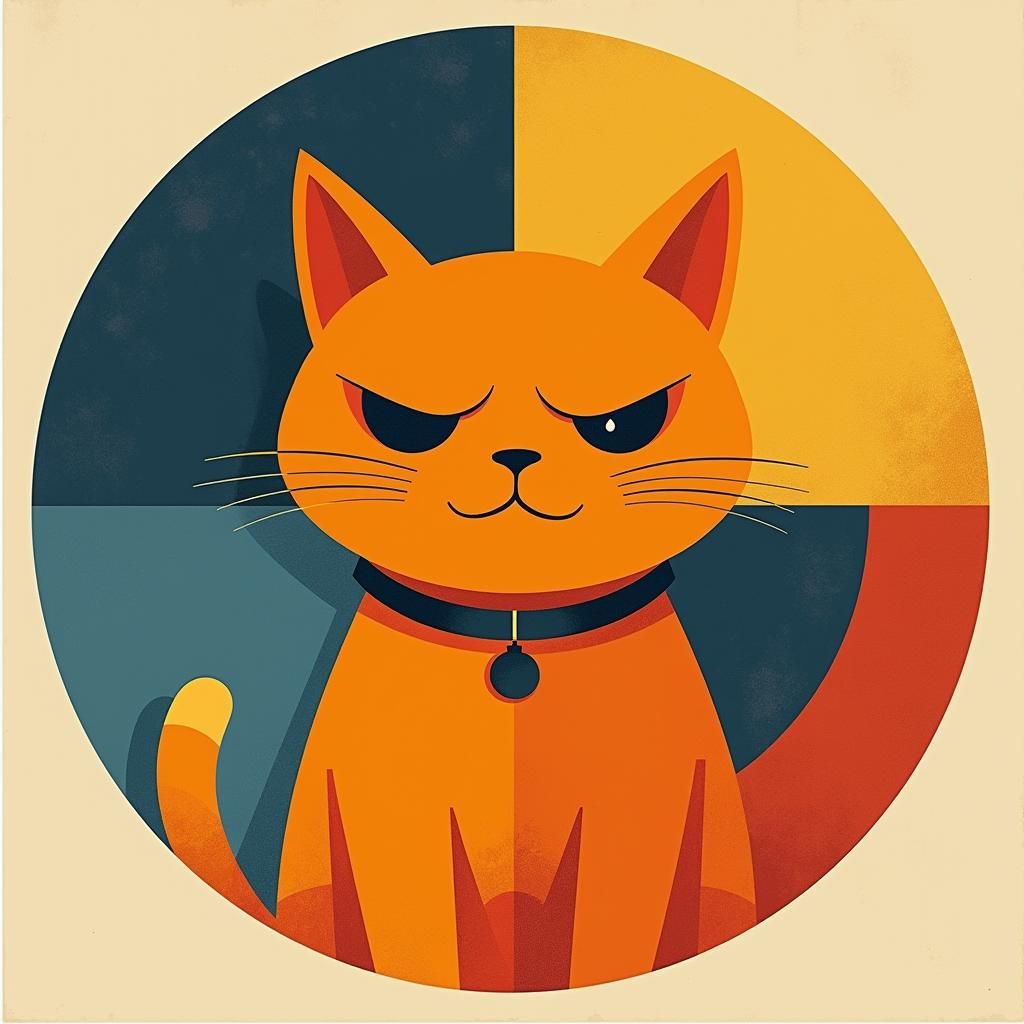 Grumpy Orange Cat Cartoon in Bauhaus Style