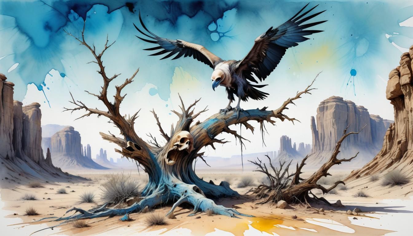 A vulture (bird) is perched on a gnarly, dry tree in the desert, an animal skull lays near a rock