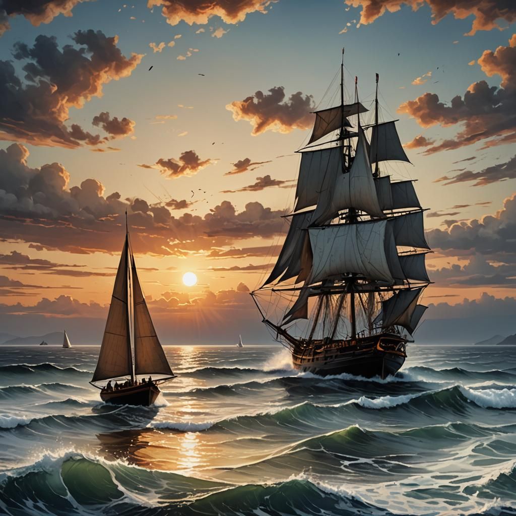 Sunset Seascape with Sailboat in Ink Wash Style