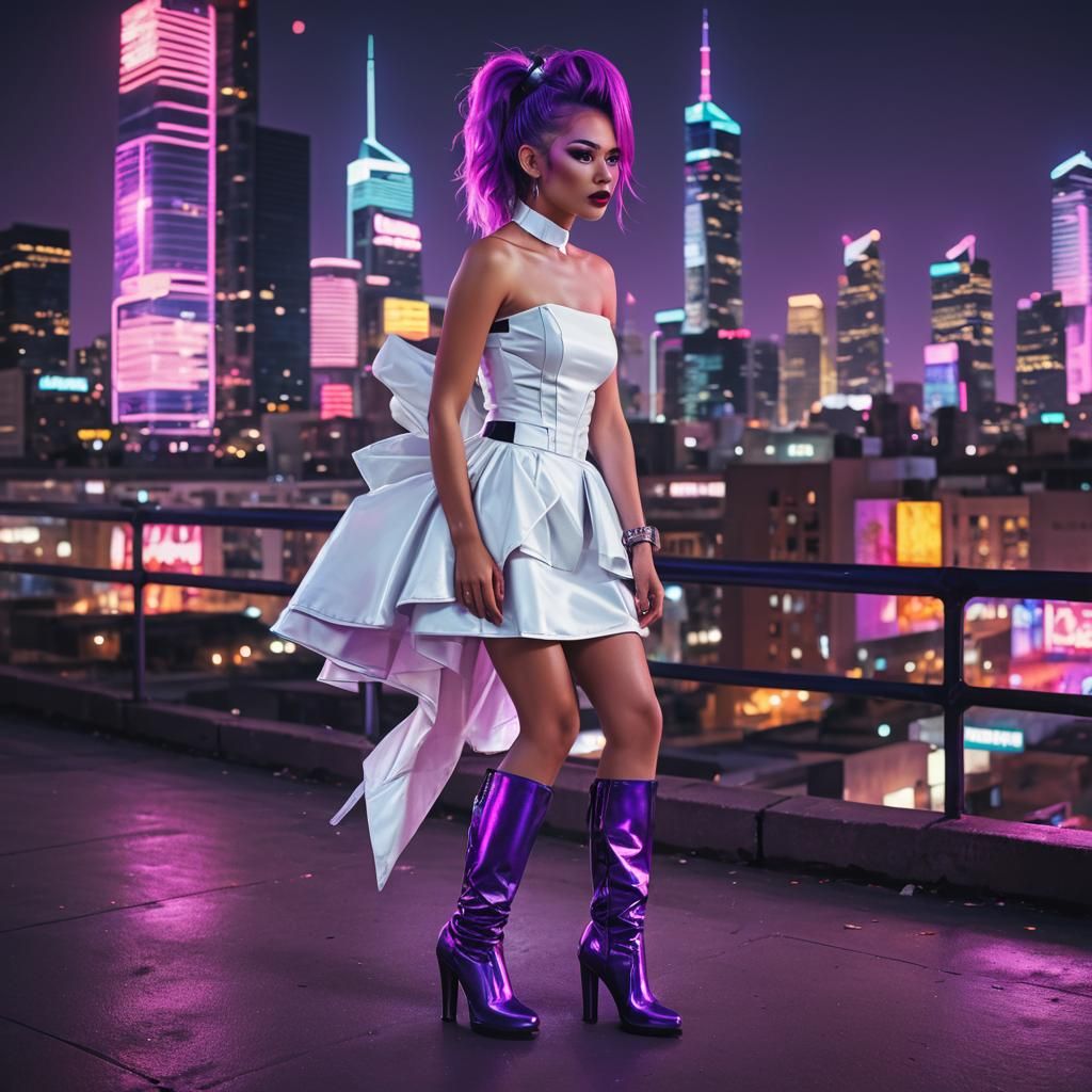 Synthwave Woman with Purple Hair in Neon Cityscape