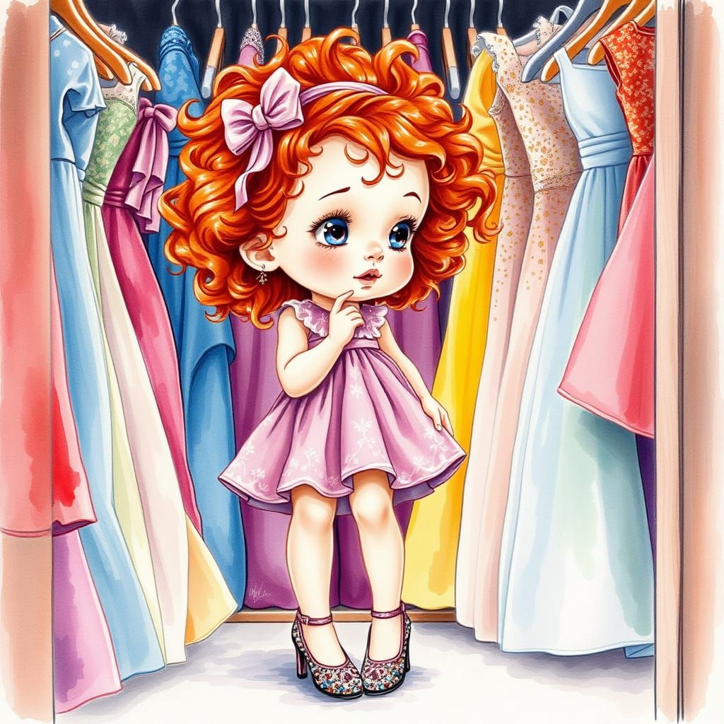 A Little Girl Dreams of Glamour in a Whimsical Watercolor Sc...