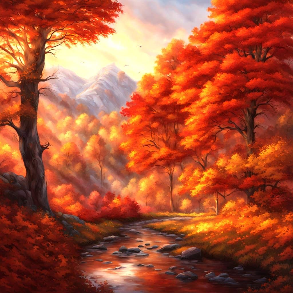 Vivid Autumn Mountain Landscape Painting