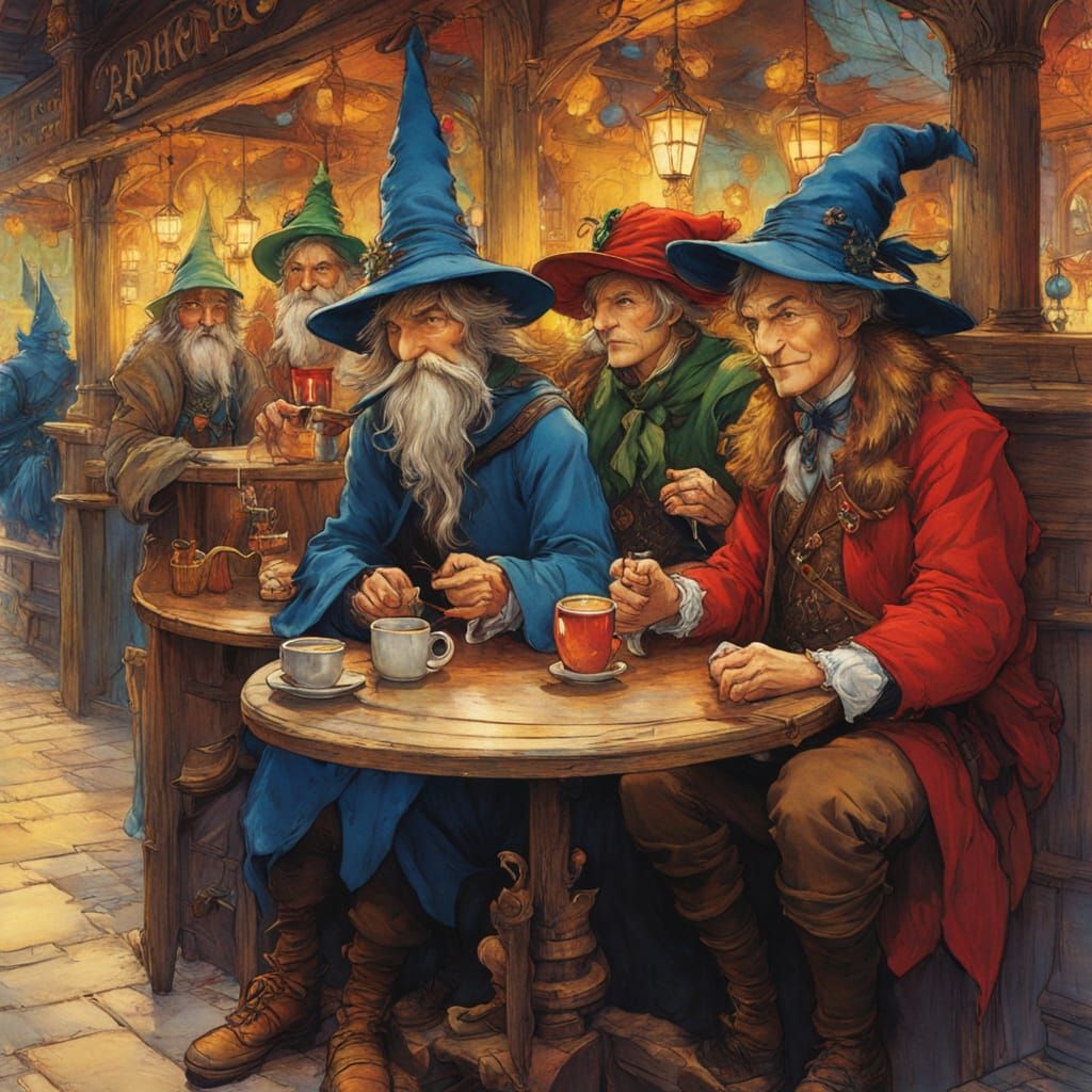 Cheerful Wizards in a Whimsical Cafe
