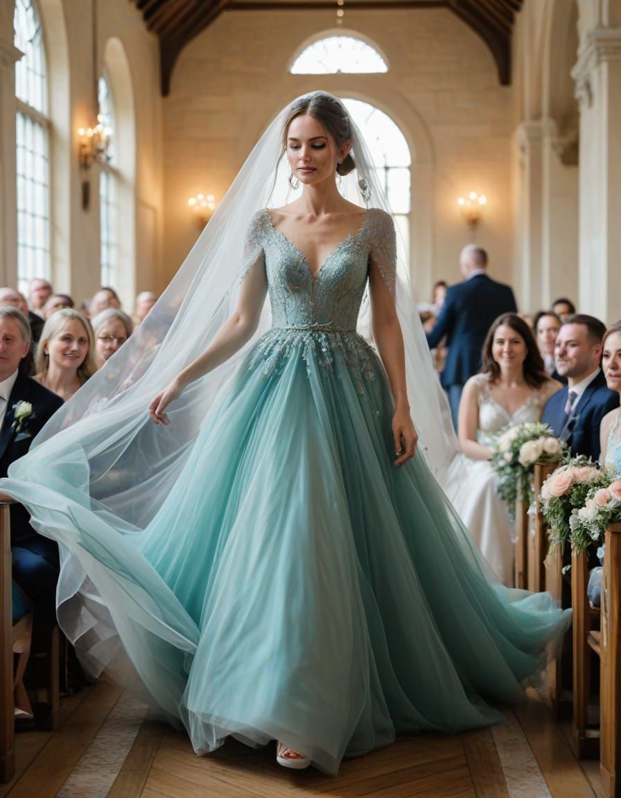 Ethereal Bride in Pastel Teal Gown Walks Down Aisle
