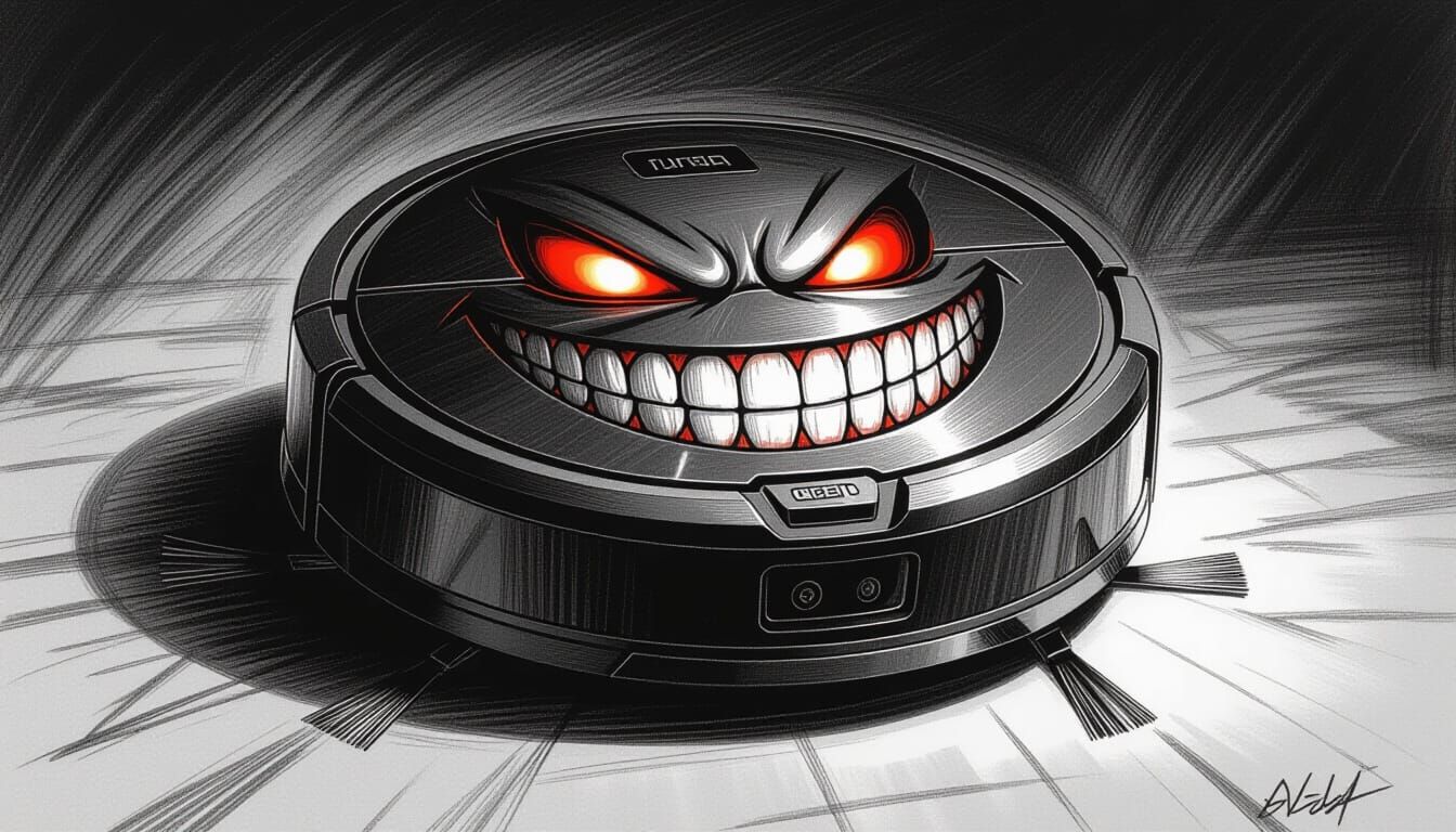 Sinister Vacuum Cleaner Grins in Charcoal Drawing