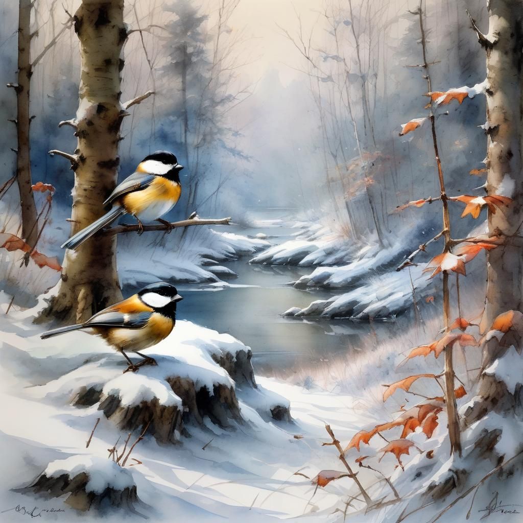 Chickadees in Snowy Forest Watercolor Painting