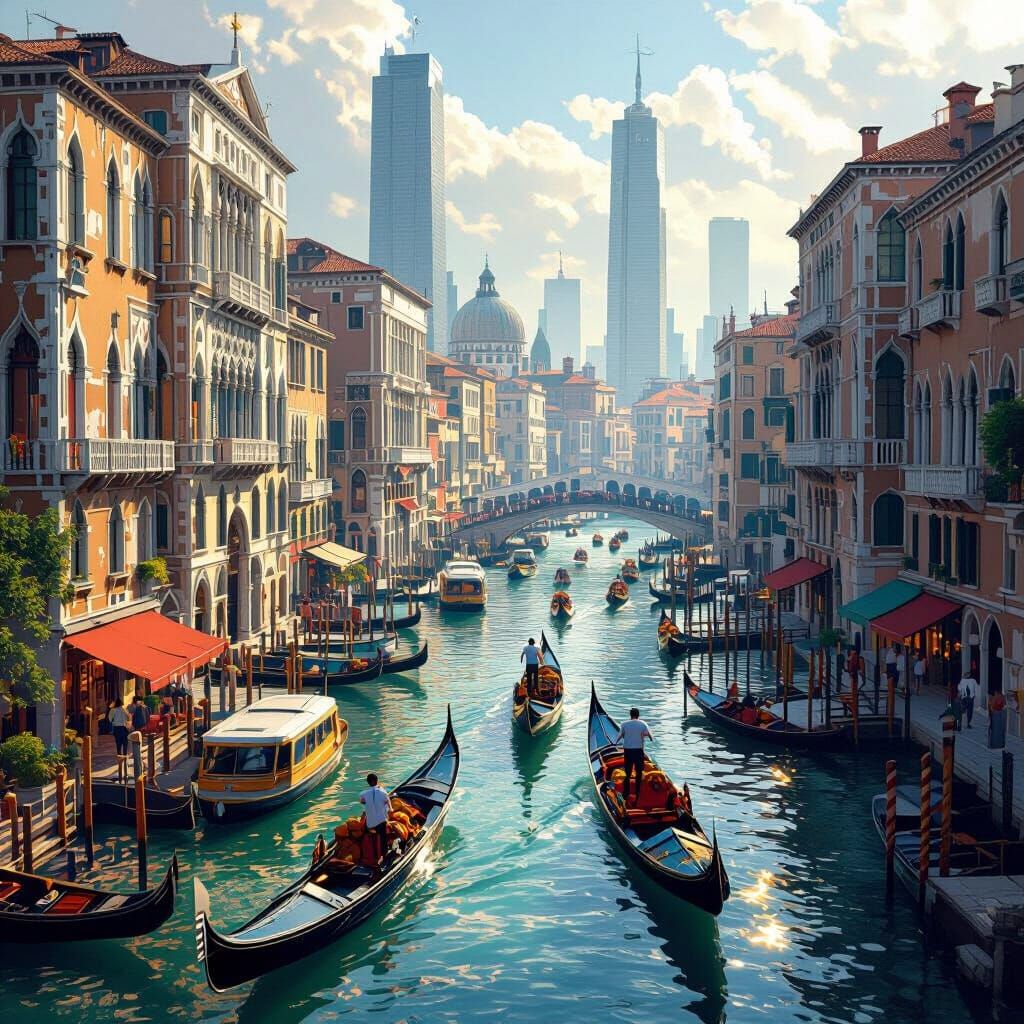 Bustling Cityscape with Canals and Gondolas