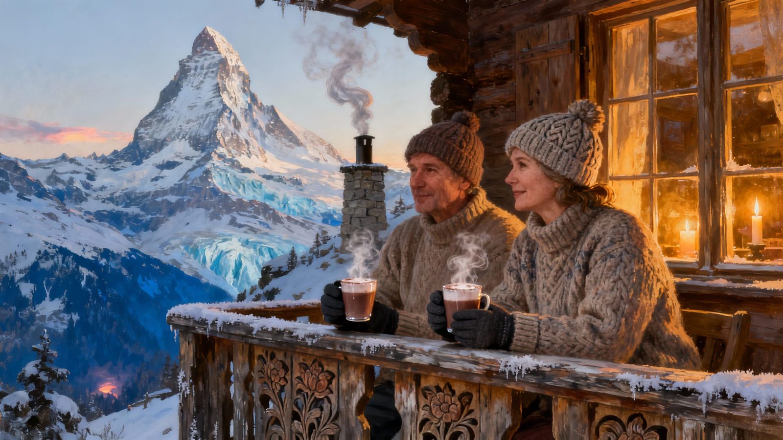 Cozy Couple Enjoys Matterhorn View with Hot Cocoa