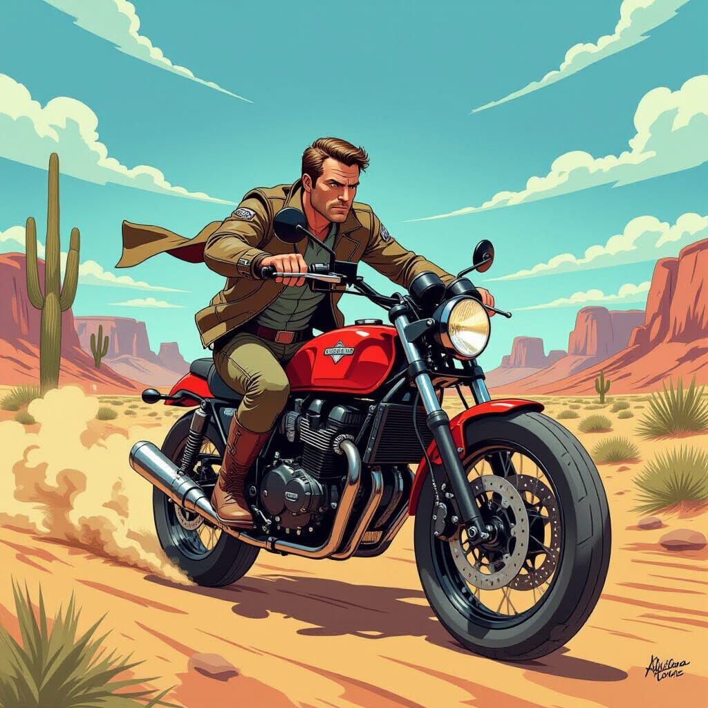 James Bond Hunts Henchman in Comic Style Desert Art