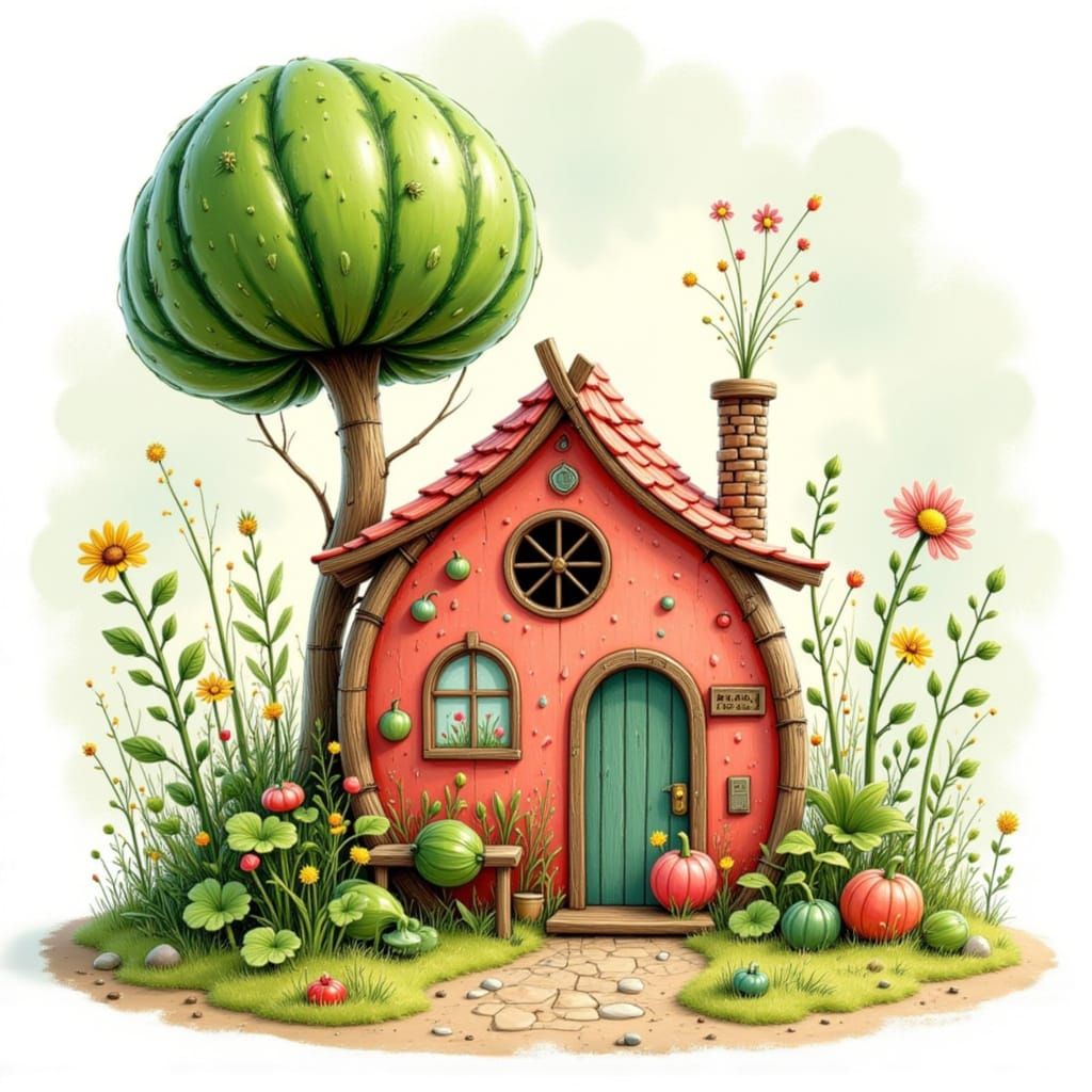 Whimsical Watermelon Hut Home in Storybook Style